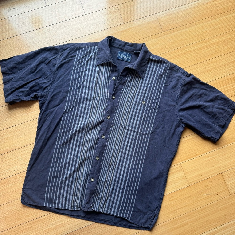 Men's Navy Short-Sleeve Button-Up Shirt with Vertical Stripes